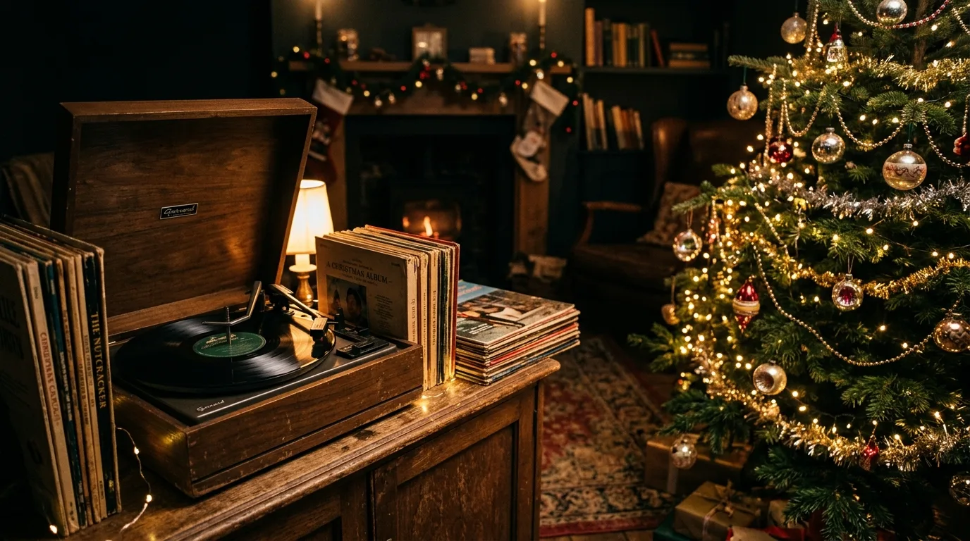 Vintage Christmas scene with record player and glowing tree lights.